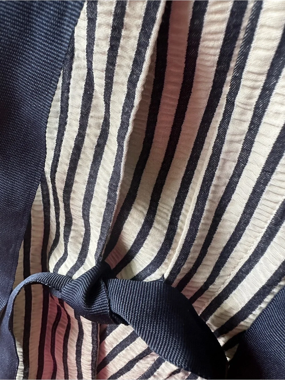 Zara Navy Ecru Stripe Puff Sleeve Tie Front Plunge Blouse Chic Top Size S